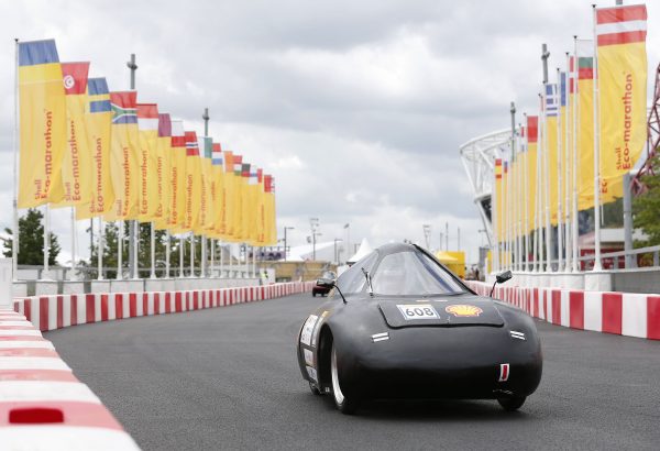 The Urban 2, #608, a hydrogen fuel cell UrbanConcept racing for Team Ensem-Eco-Marathon from Ensem Vandoeuvre-Les-Nancy, France, races on the track during Make the Future London 2016 at the Queen Elizabeth Olympic Park, Sunday, July 3, 2016 in London, UK. Today marks the conclusion of the very first Drivers' World Championships, as a head to head race against the 2016 UrbanConcept winners from North America, Asia and Europe to find the quickest and most energy-efficient driver. (Guy Levy for Shell)